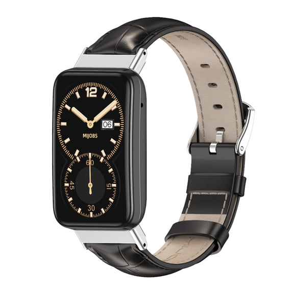 For Xiaomi Mi Band 7 Pro Mijobs Genuine Leather Top Layer Cowhide Watch Band(Bamboo Black Silver) - Watch Bands by MIJOBS