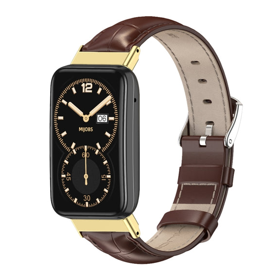For Xiaomi Mi Band 7 Pro Mijobs Genuine Leather Top Layer Cowhide Watch Band(Bamboo Coffee Gold) - Watch Bands by MIJOBS