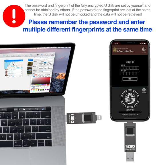 128GB NK-828 8 Pin + USB 2 in 1 Zinc Alloy U Disk with Fingerprint Unlock