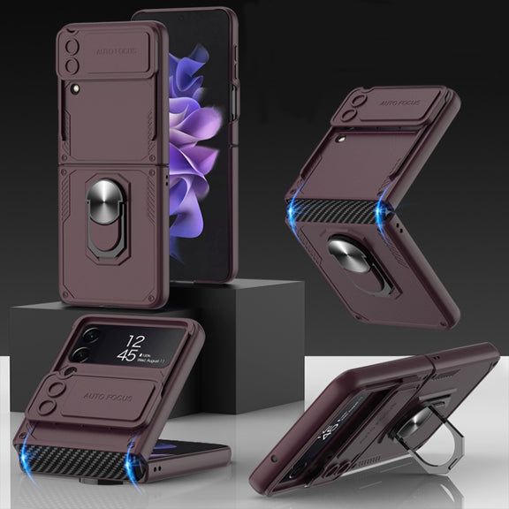 For Samsung Galaxy Z Flip4 GKK Carbon Brazing Pattern Shockproof Armor PC Phone Case with Ring Holder(Wine Red)
