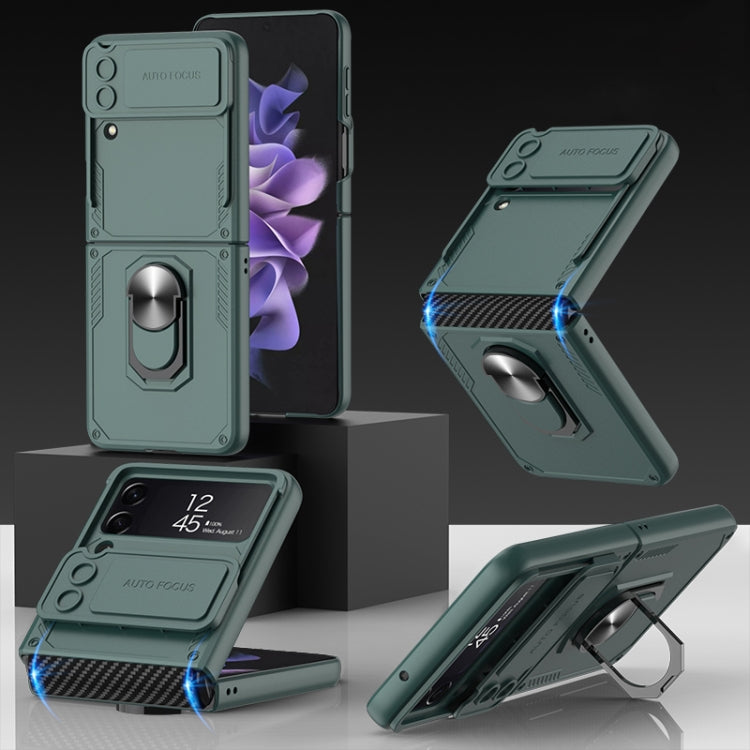 For Samsung Galaxy Z Flip4 GKK Carbon Brazing Pattern Shockproof Armor PC Phone Case with Ring Holder(Green) - Galaxy Z Flip4 5G Cases by GKK | Online Shopping South Africa | PMC TechLife