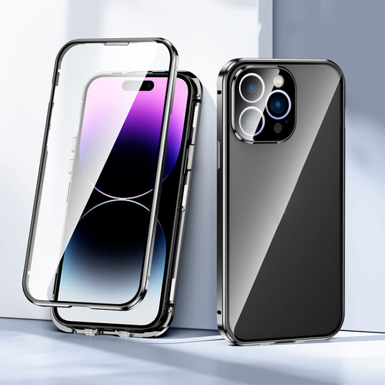 For iPhone 14 Pro Magnetic Double-buckle HD Tempered Glass Phone Case(Black)
