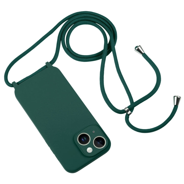 For iPhone 14 Crossbody Lanyard Liquid Silicone Case(Pine Needle Green)