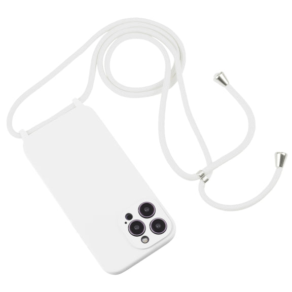 For iPhone 14 Pro Max Crossbody Lanyard Liquid Silicone Case(White)