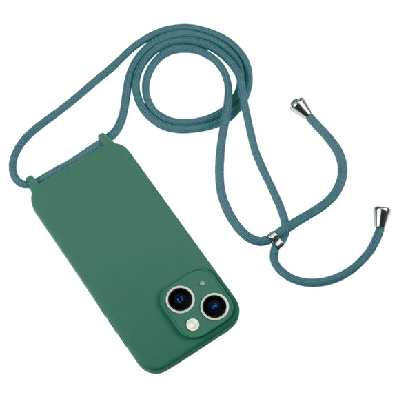 For iPhone 13 Crossbody Lanyard Liquid Silicone Case(Pine Needle Green)