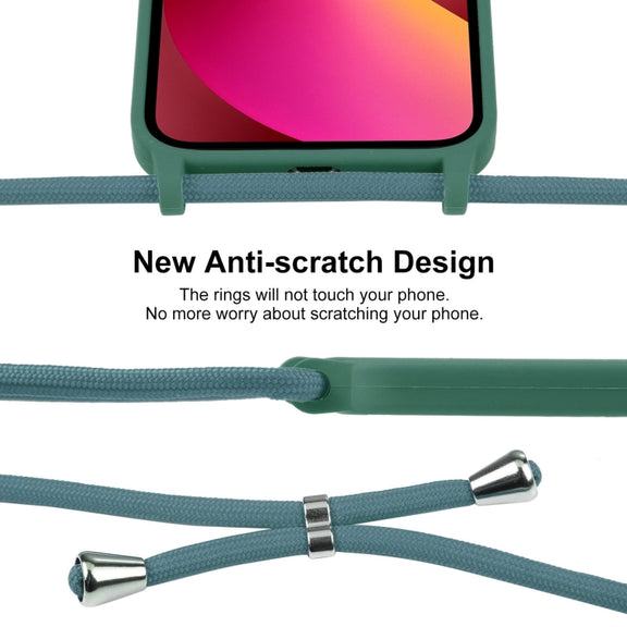 For iPhone 13 Crossbody Lanyard Liquid Silicone Case(Pine Needle Green)