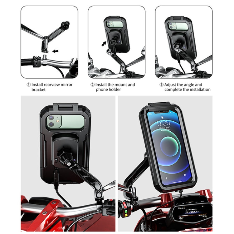 Kewig M18L-A2 Motorcycle / Bicycle Rearview Mirror Wireless Charging Waterproof Box Mobile Phone Holder - free shipping - PMC TechLife - Order now!