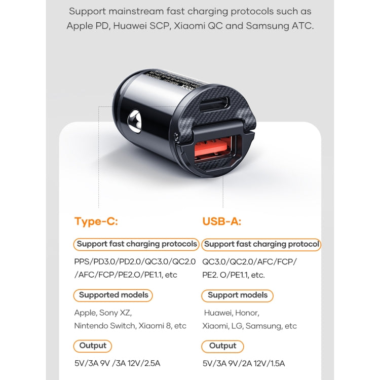 ROCK C13-F H18 Mini Portable Dual Port USB + USB-C / Type-C Car Fast Charger - free shipping - PMC TechLife - Order now!