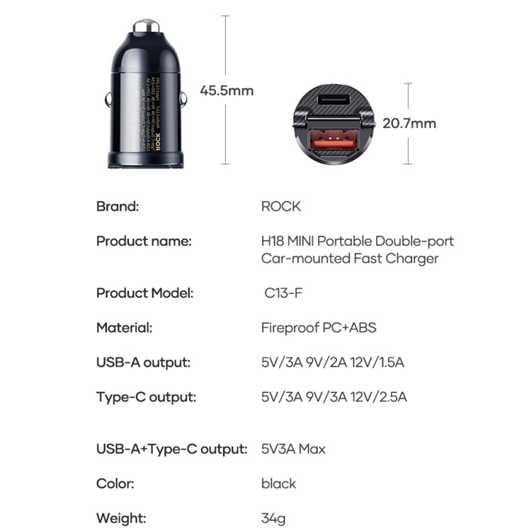 ROCK C13-F H18 Mini Portable Dual Port USB + USB-C / Type-C Car Fast Charger - free shipping - PMC TechLife - Order now!