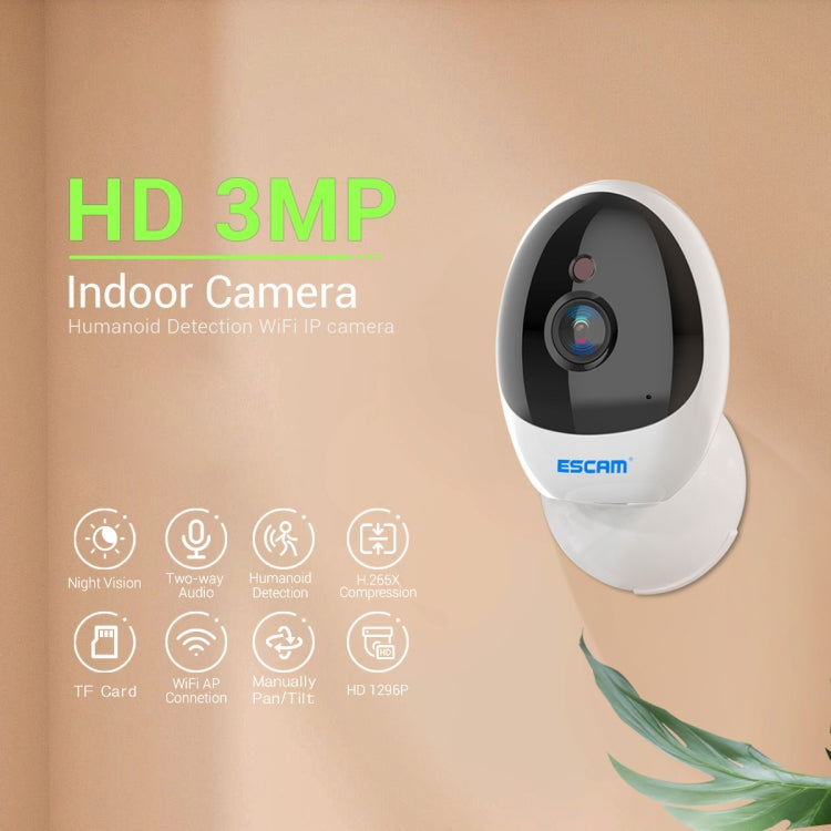 ESCAM QF006 3MP 1296P HD Indoor Wireless PTZ IP Camera IR Night Vision AI Humanoid Detection Home Security CCTV Monitor, Plug Type:UK Plug(White)