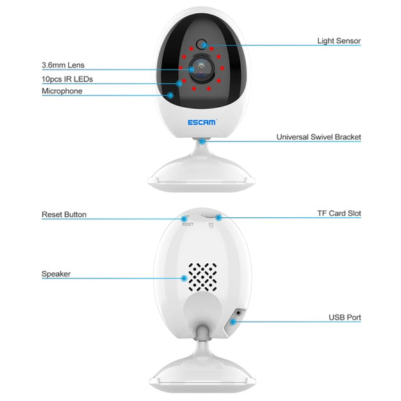 ESCAM QF006 3MP 1296P HD Indoor Wireless PTZ IP Camera IR Night Vision AI Humanoid Detection Home Security CCTV Monitor, Plug Type:US Plug(White)