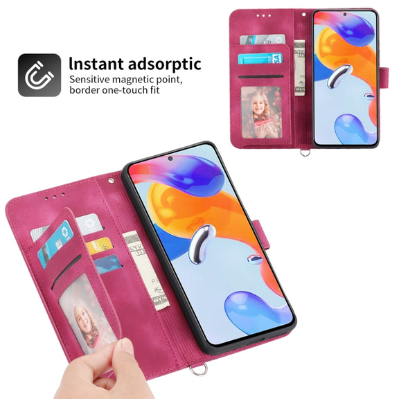 For Xiaomi Redmi Note 11 Pro Skin-feel Flowers Embossed Wallet Leather Phone Case(Wine Red)