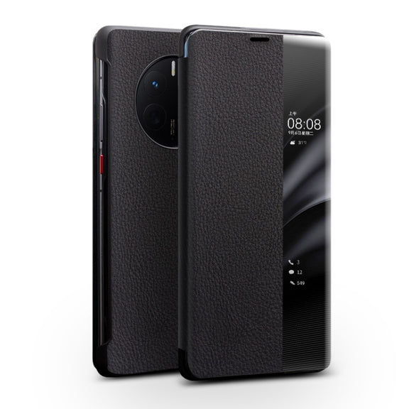 For Huawei Mate 50 Pro QIALINO Genuine Leather Side Window View Smart Phone Case(Black)