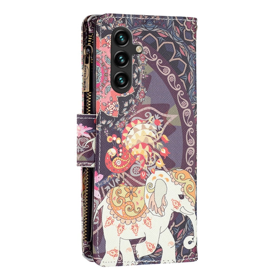 For Samsung Galaxy A14 5G Colored Drawing Pattern Zipper Leather Phone Case(Flower Elephants)