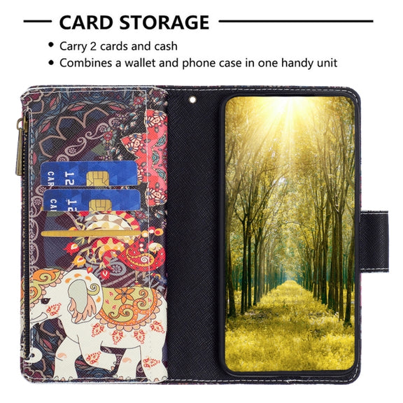 For Samsung Galaxy A14 5G Colored Drawing Pattern Zipper Leather Phone Case(Flower Elephants)