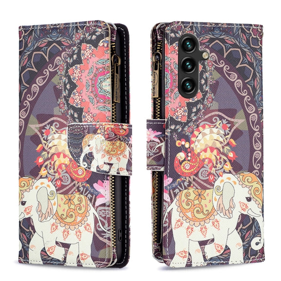 For Samsung Galaxy A14 5G Colored Drawing Pattern Zipper Leather Phone Case(Flower Elephants)