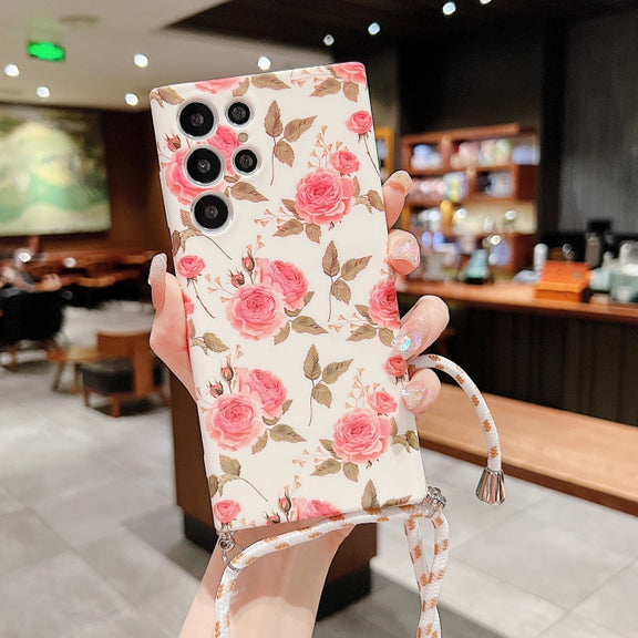 For Samsung Galaxy S22 5G Small Floral Lanyard Phone Case(White)