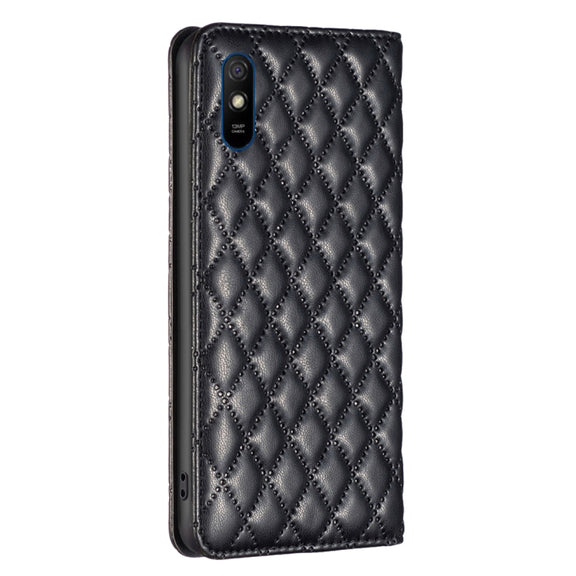 For Xiaomi Redmi 9A Diamond Lattice Magnetic Leather Flip Phone Case(Black)