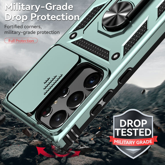 For Samsung Galaxy S23 Ultra 5G Sliding Camshield Holder Phone Case(Dark Green)