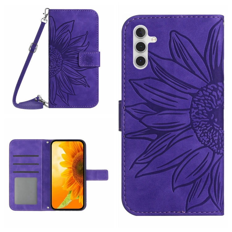 For Samsung Galaxy A14 5G Skin Feel Sun Flower Pattern Flip Leather Phone Case with Lanyard(Dark Purple) - free shipping - PMC TechLife - Order now!