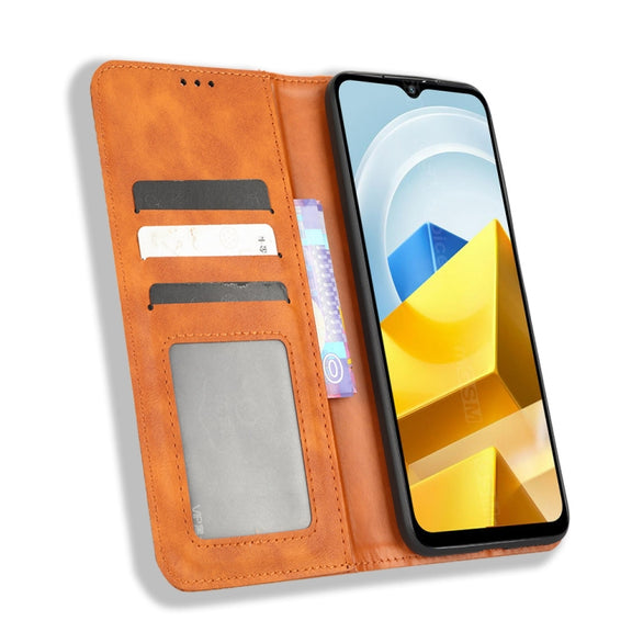 For Xiaomi Poco M5 Magnetic Buckle Retro Texture Leather Phone Case(Brown)