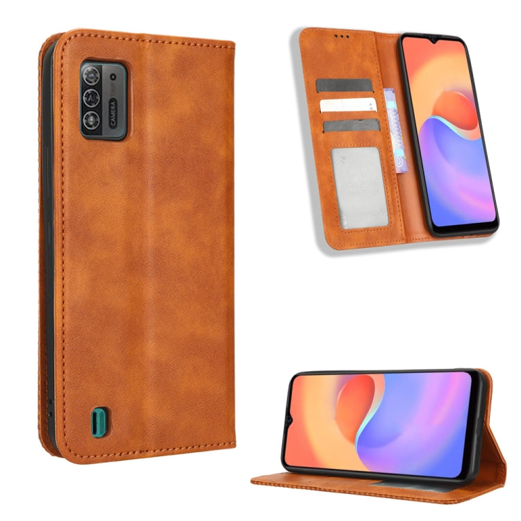 For ZTE Blade A52 Lite Magnetic Buckle Retro Texture Leather Phone Case(Brown) - free shipping - PMC TechLife - Order now!