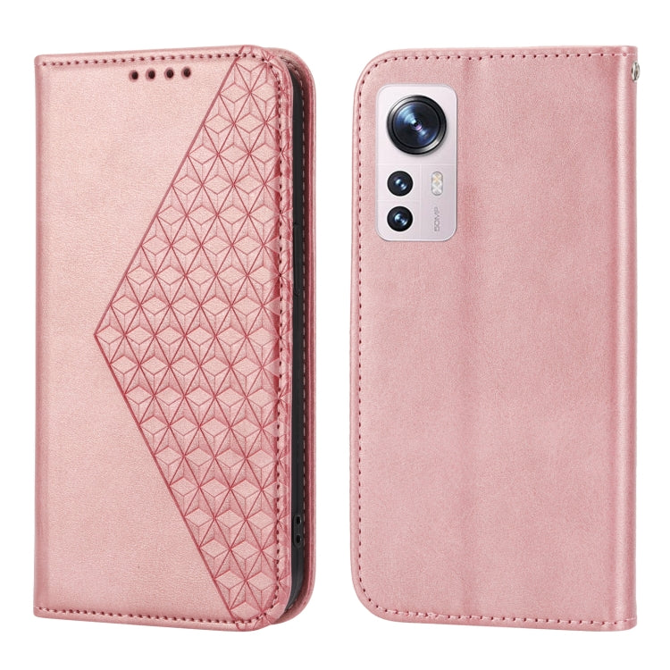 For Xiaomi 12/12X/12S Cubic Grid Calf Texture Magnetic Closure Leather Phone Case(Rose Gold) - free shipping - PMC TechLife - Order now!