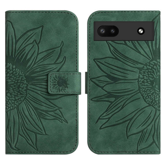 For Google Pixel 6A Skin Feel Sun Flower Pattern Flip Leather Phone Case with Lanyard(Green)