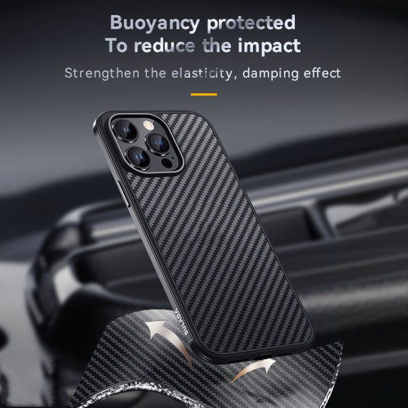 For iPhone 14 SULADA Carbon Fiber Textured Shockproof Metal + TPU Frame Case(Black)