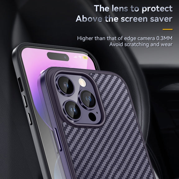 For iPhone 14 SULADA Carbon Fiber Textured Shockproof Metal + TPU Frame Case(Dark Green)