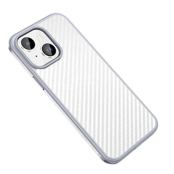 For iPhone 14 Plus SULADA Carbon Fiber Textured Shockproof Metal + TPU Frame Case(Silver)