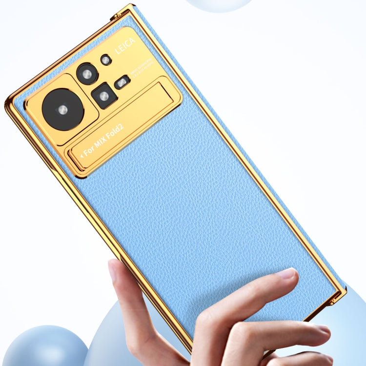 For Xiaomi Mix Fold 2 Electroplated Frame Plain Leather Phone Case(Blue) - Xiaomi Cases by PMC TechLife | Online Shopping South Africa | PMC TechLife