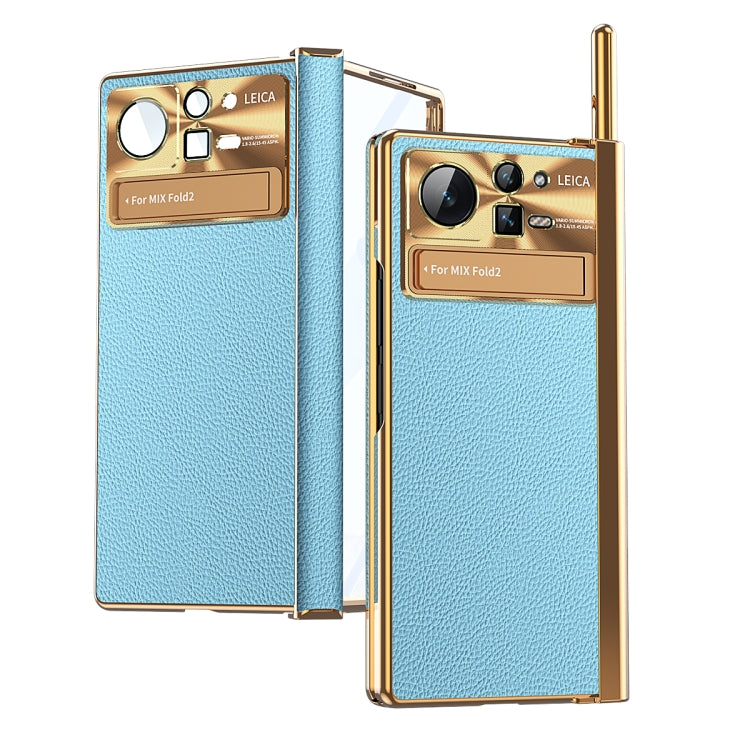 For Xiaomi Mix Fold 2 Plain Leather Double Hinged Folding Phone Case with Stylus(Gold+Blue) - Xiaomi Cases by PMC TechLife | Online Shopping South Africa | PMC TechLife
