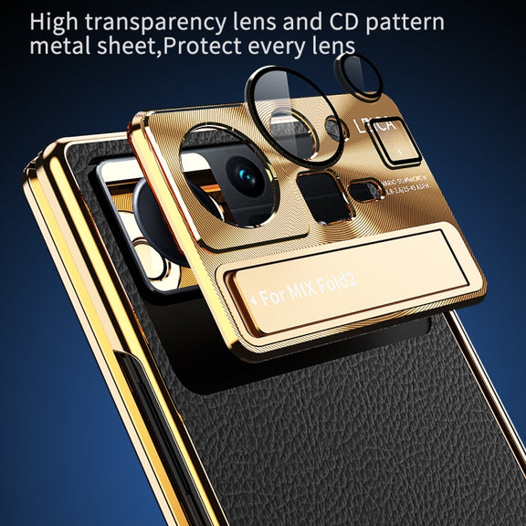 For Xiaomi Mix Fold 2 Plain Leather Double Hinged Folding Phone Case with Stylus(Gold+Black)