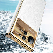For Xiaomi Mix Fold 2 Plain Leather Double Hinged Folding Phone Case with Stylus(Gold+Gold)