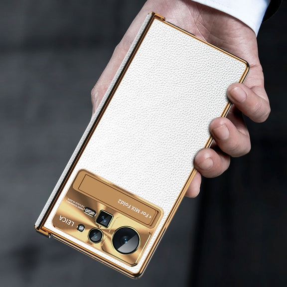 For Xiaomi Mix Fold 2 Plain Leather Double Hinged Folding Phone Case with Stylus(Gold+Black)