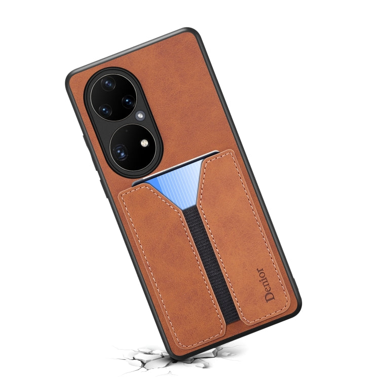 For Huawei P50 Pro Denior DV Elastic Card PU Back Cover Phone Case(Brown) - Huawei Cases by Denior | Online Shopping South Africa | PMC TechLife | Buy Now Pay Later Mobicred