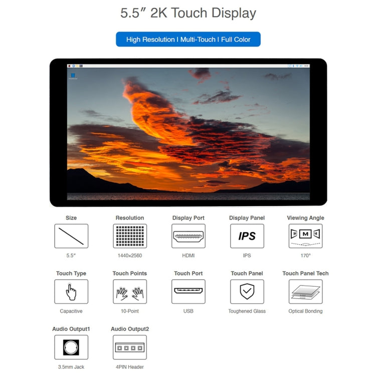 Waveshare Raspberry Pi 5.5 inch 2K Capacitive Touch LCD Display(Black)