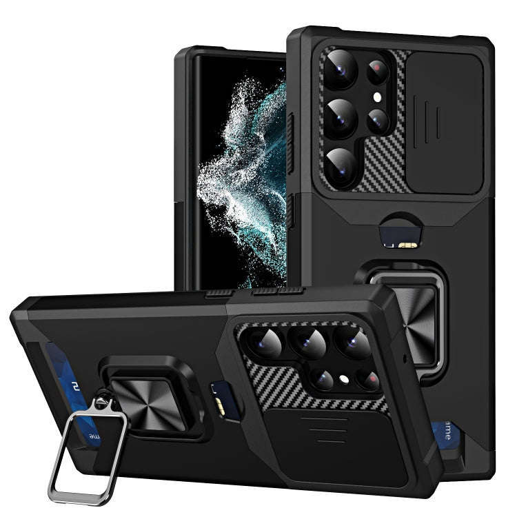 For Samsung Galaxy S23 Ultra 5G Sliding Camshield Phone Case with Ring Holder & Card Slot(Black) - free shipping - PMC Jewellery - Order now!