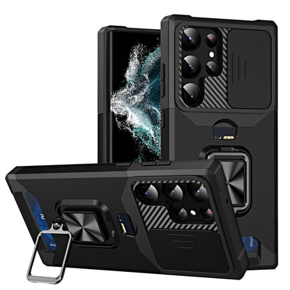 For Samsung Galaxy S23 Ultra 5G Sliding Camshield Phone Case with Ring Holder & Card Slot(Black) - free shipping - PMC Jewellery - Order now!