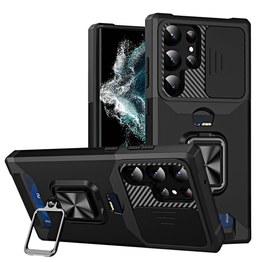 For Samsung Galaxy S23 Ultra 5G Sliding Camshield Phone Case with Ring Holder & Card Slot(Black) - free shipping - PMC Jewellery - Order now!