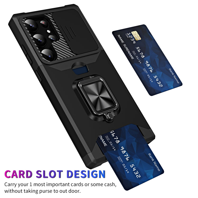 For Samsung Galaxy S23 Ultra 5G Sliding Camshield Phone Case with Ring Holder & Card Slot(Black) - free shipping - PMC Jewellery - Order now!