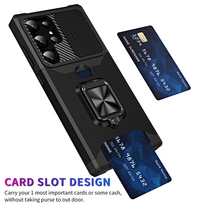 For Samsung Galaxy S23 Ultra 5G Sliding Camshield Phone Case with Ring Holder & Card Slot(Black) - free shipping - PMC Jewellery - Order now!