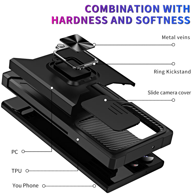 For Samsung Galaxy S23 Ultra 5G Sliding Camshield Phone Case with Ring Holder & Card Slot(Black) - free shipping - PMC Jewellery - Order now!