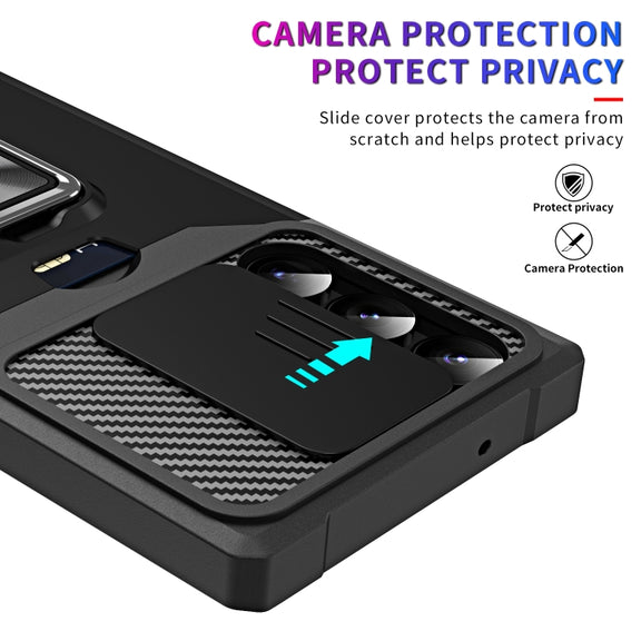 For Samsung Galaxy S23 Ultra 5G Sliding Camshield Phone Case with Ring Holder & Card Slot(Black)