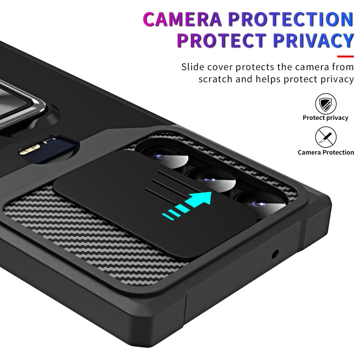 For Samsung Galaxy S23 Ultra 5G Sliding Camshield Phone Case with Ring Holder & Card Slot(Black)