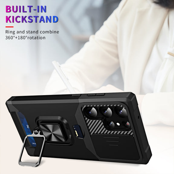 For Samsung Galaxy S23 Ultra 5G Sliding Camshield Phone Case with Ring Holder & Card Slot(Black)