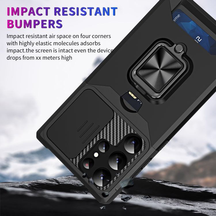 For Samsung Galaxy S23 Ultra 5G Sliding Camshield Phone Case with Ring Holder & Card Slot(Black) - free shipping - PMC Jewellery - Order now!
