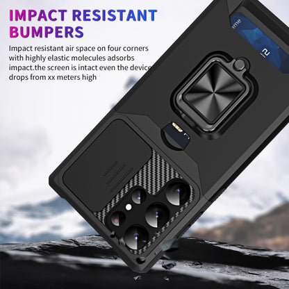 For Samsung Galaxy S23 Ultra 5G Sliding Camshield Phone Case with Ring Holder & Card Slot(Black) - free shipping - PMC Jewellery - Order now!
