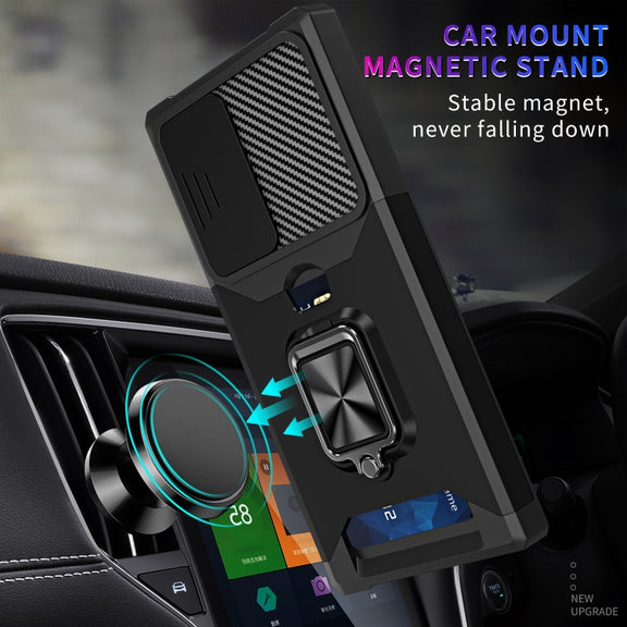 For Samsung Galaxy S23 Ultra 5G Sliding Camshield Phone Case with Ring Holder & Card Slot(Black)